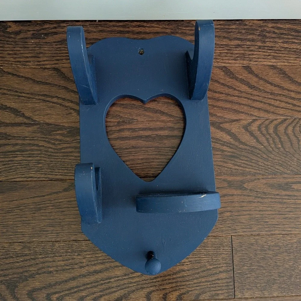 Vintage Wood Heart Shaped Wall Mounted Hair Dryer Holder Blue Cottagecore